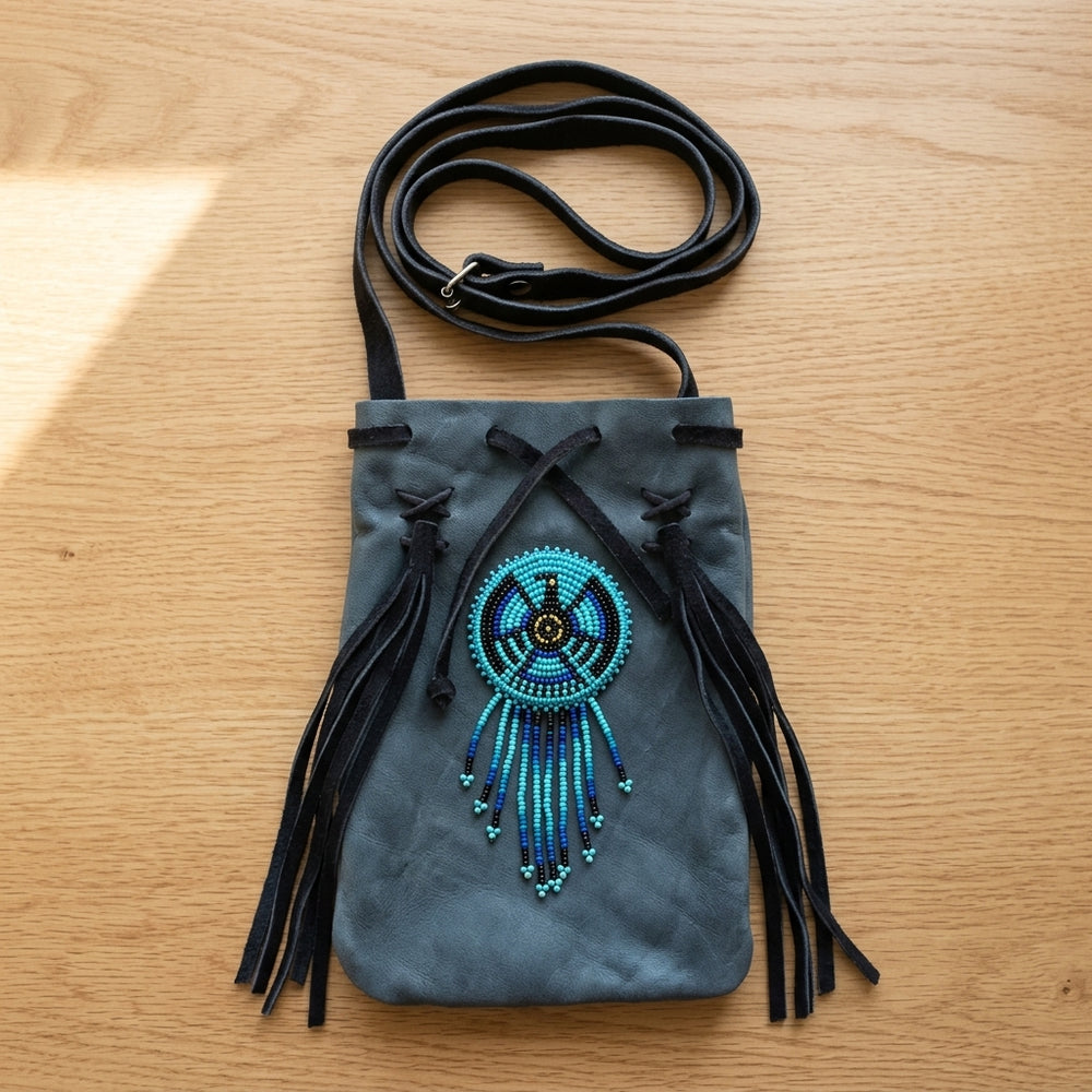 Beaded Suede Phone Pouch ~ Sage & Fringe Rosette
