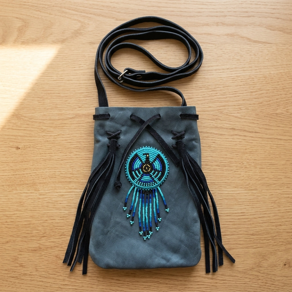 Beaded Suede Phone Pouch ~ Sage & Fringe Rosette