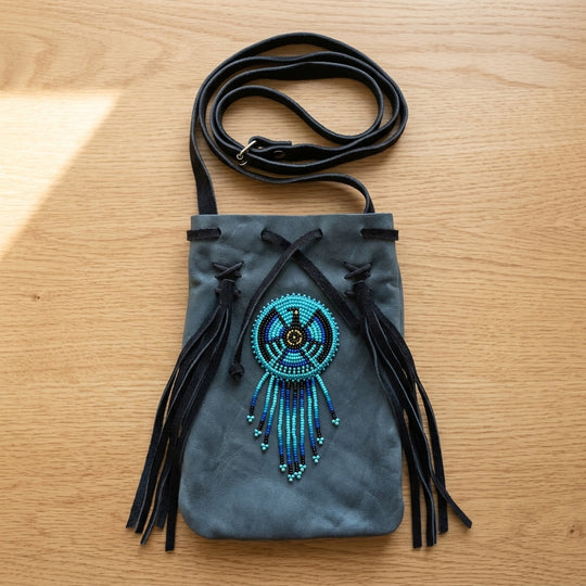 Beaded Suede Phone Pouch ~ Sage & Fringe Rosette