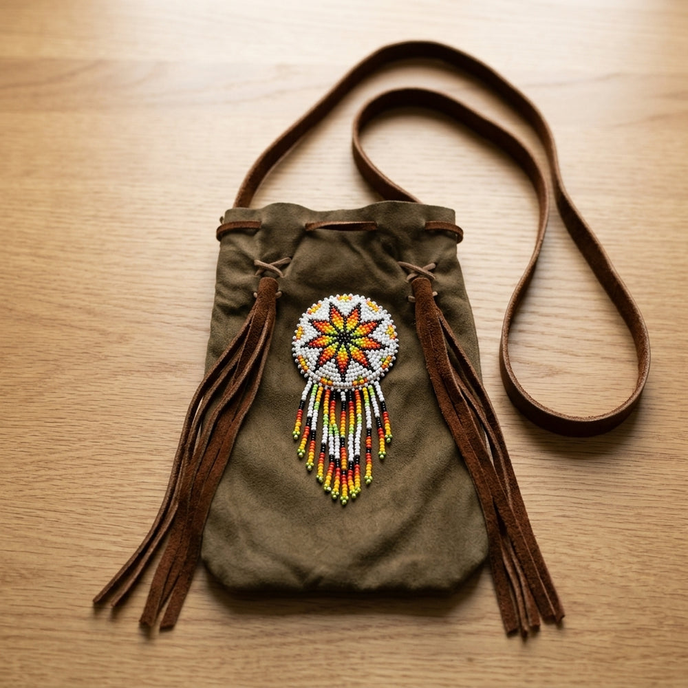 Beaded Suede Phone Pouch ~ light brown