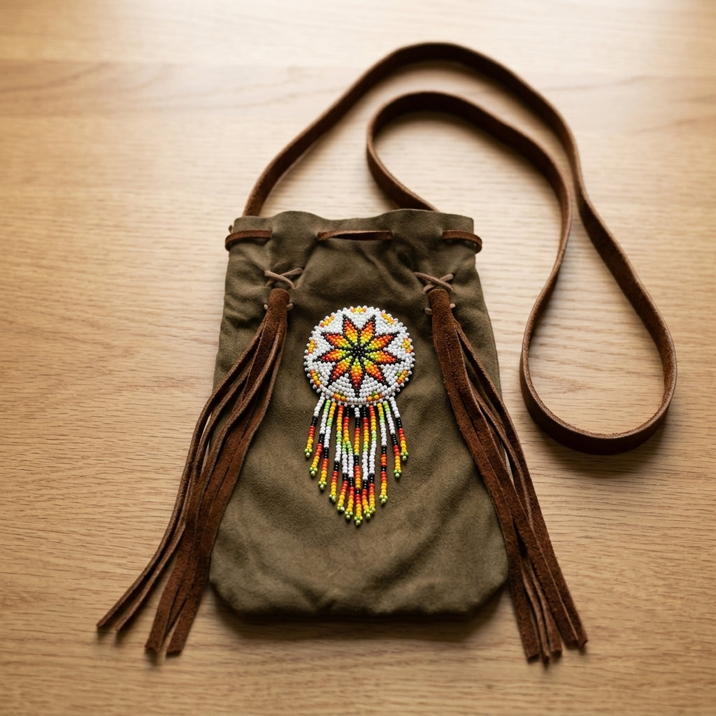 Beaded Suede Phone Pouch ~ light brown