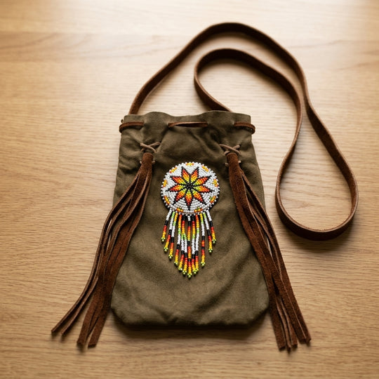 Beaded Suede Phone Pouch ~ light brown