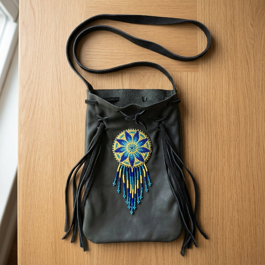 Beaded Suede Phone Pouch ~ Sage & Fringe Rosette