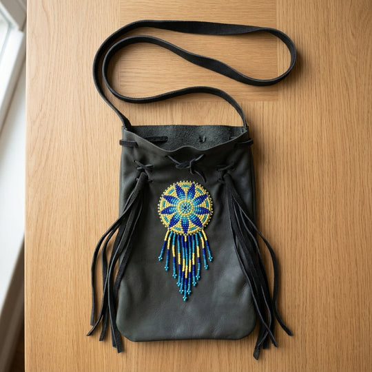 Beaded Suede Phone Pouch ~ Sage & Fringe Rosette