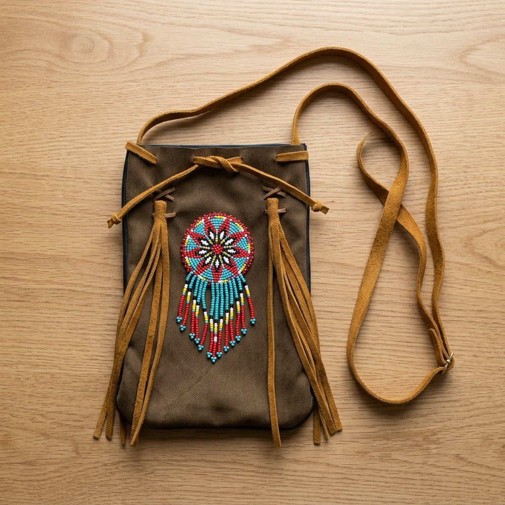 Beaded Suede Phone Pouch ~ light brown