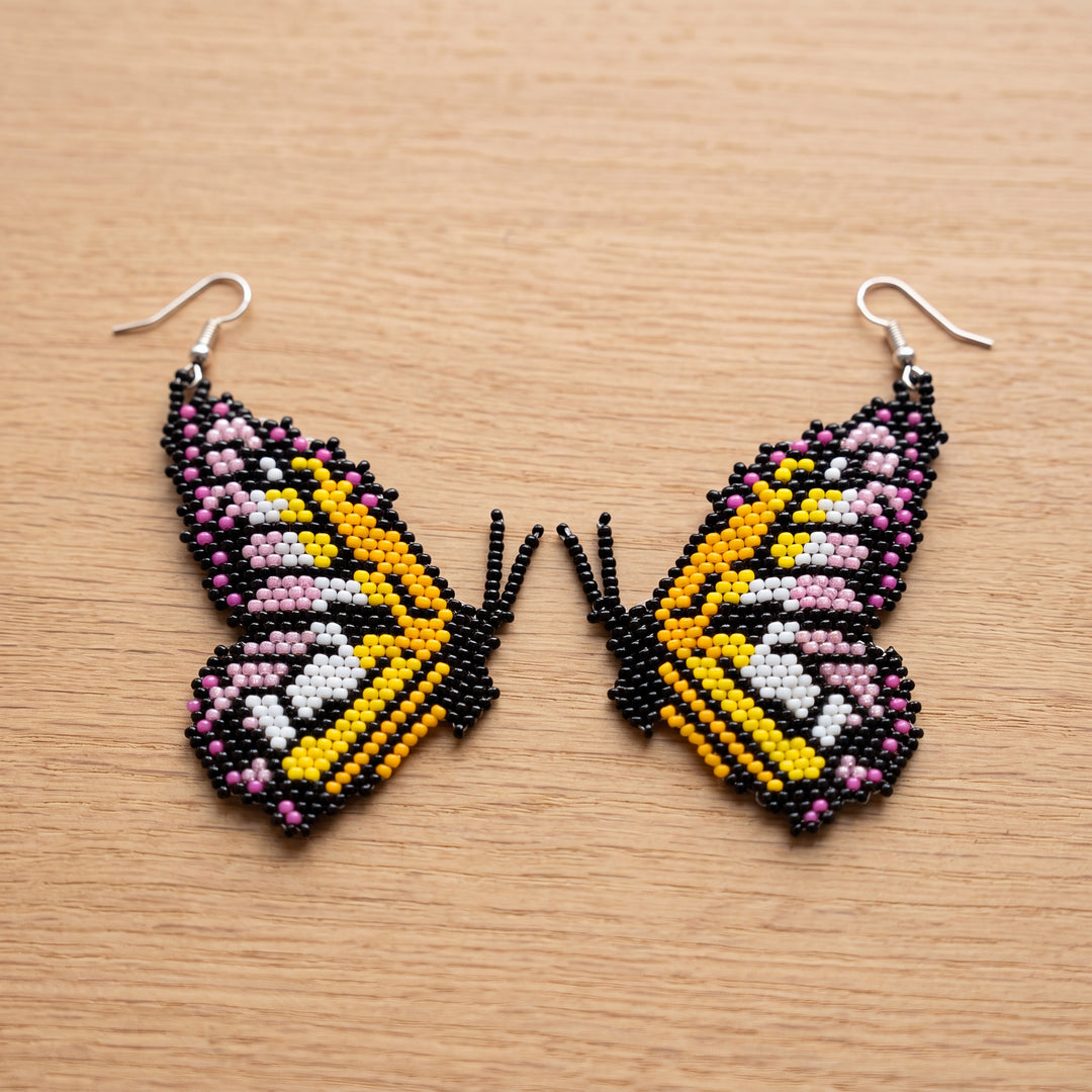 Beaded Butterfly Earrings — Black, Gold & Pink