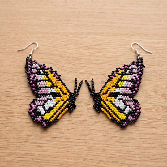 Beaded Butterfly Earrings — Black, Gold & Pink