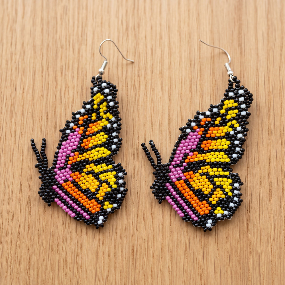Beaded Butterfly Earrings — Black, Gold & Pink
