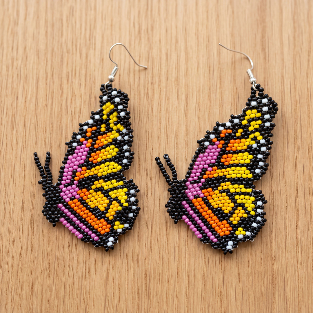 Beaded Butterfly Earrings — Black, Gold & Pink