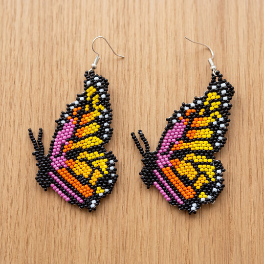 Beaded Butterfly Earrings — Black, Gold & Pink