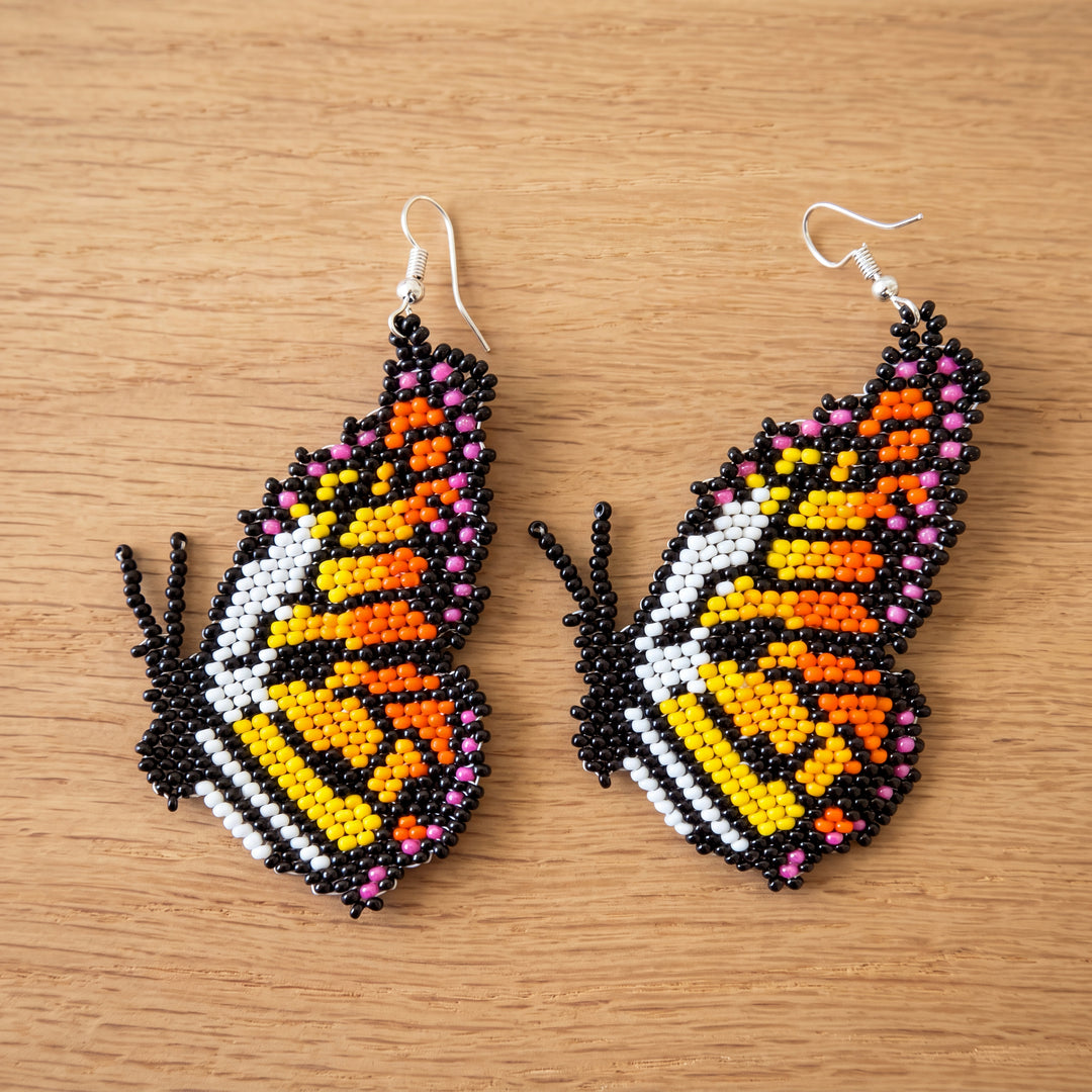 Beaded Butterfly Earrings — Black, Gold & Pink