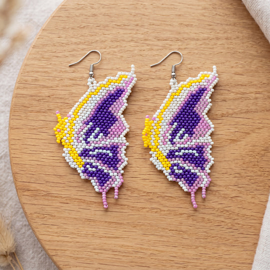 Butterfly Wing Beaded Dangle Earrings — Purple, Gold & Pink