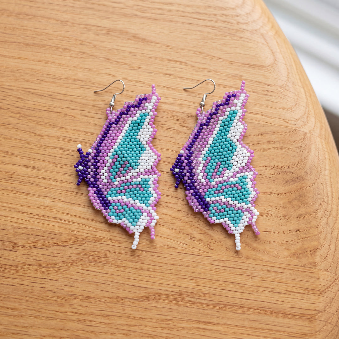 Butterfly Wing Beaded Dangle Earrings — Purple, Gold & Pink