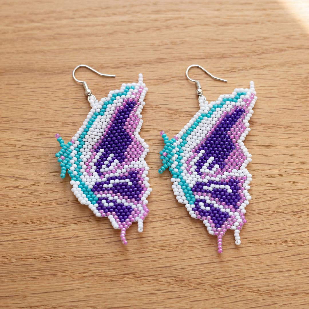 Butterfly Wing Beaded Dangle Earrings — Purple, Gold & Pink