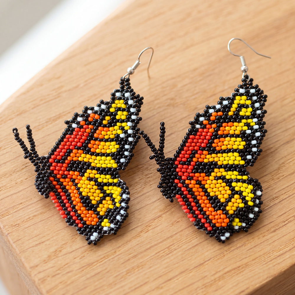 Red & White Butterfly Beaded Earrings