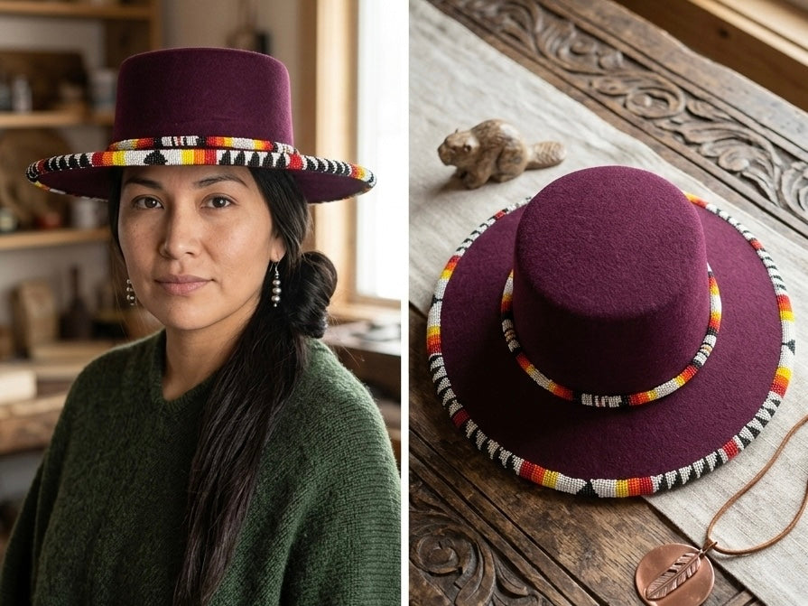 Size- 56 Beaded Flat-Brim Felt  Hat