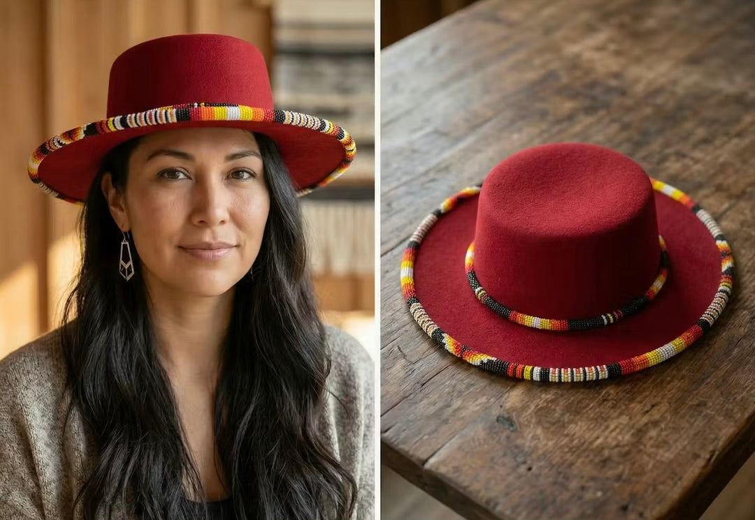 Size-60 Beaded Flat-Brim Felt Hats