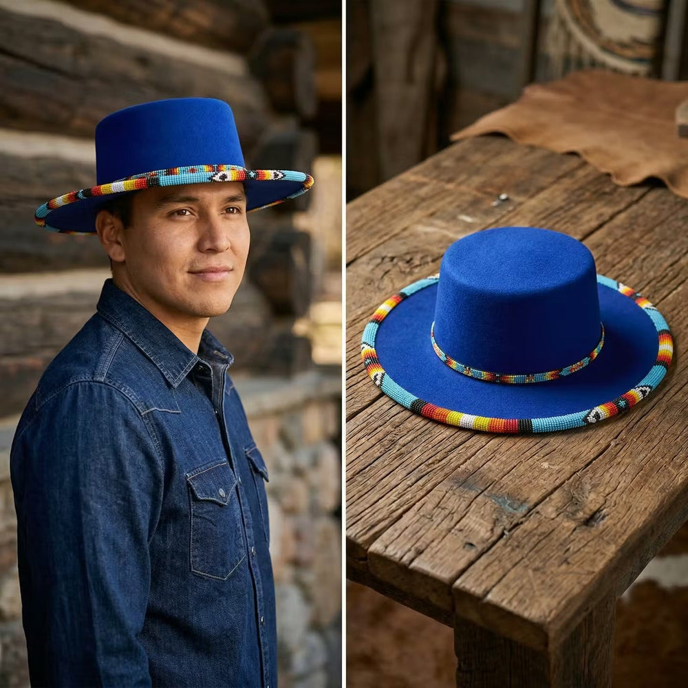 Size-60 Beaded Flat-Brim Felt Hats