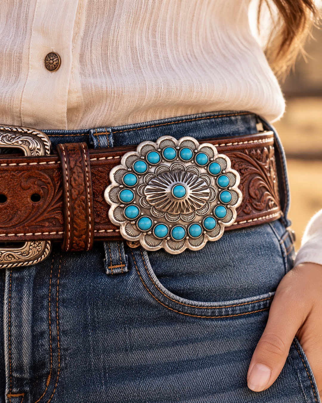 Traditional Silver -Tone Turquoise Concho for Belts and Regalia - 8cm x 6cm (3.15 x 2.36 inch