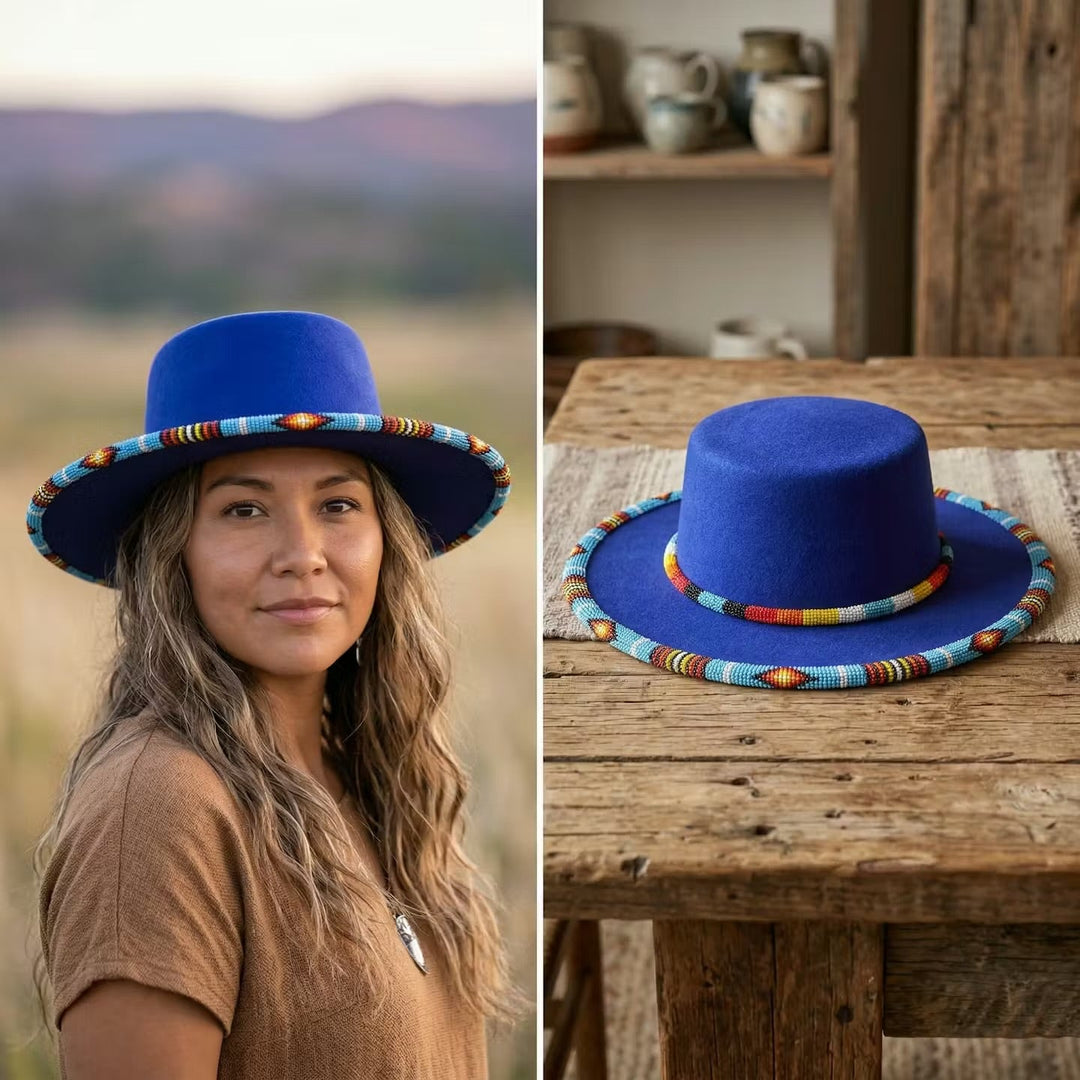 Size-61 Beaded Flat-Brim Felt Hats