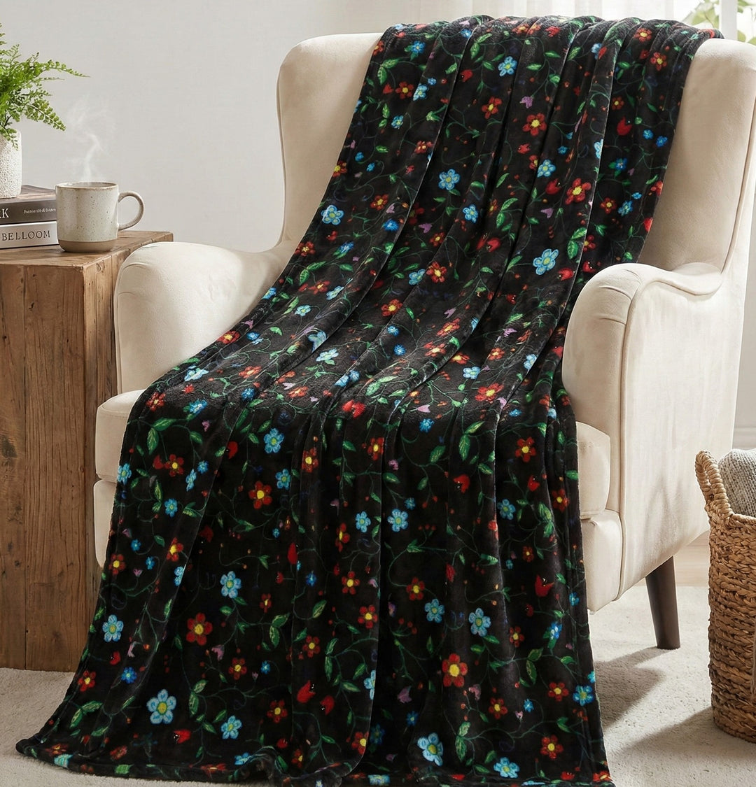 Anishinaabe Enchantment" black Floral Plush Throw Blanket