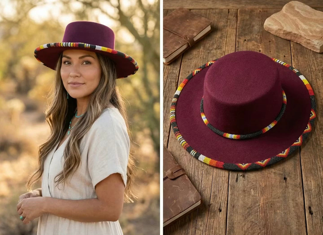 Size-60 Beaded Flat-Brim Felt Hats