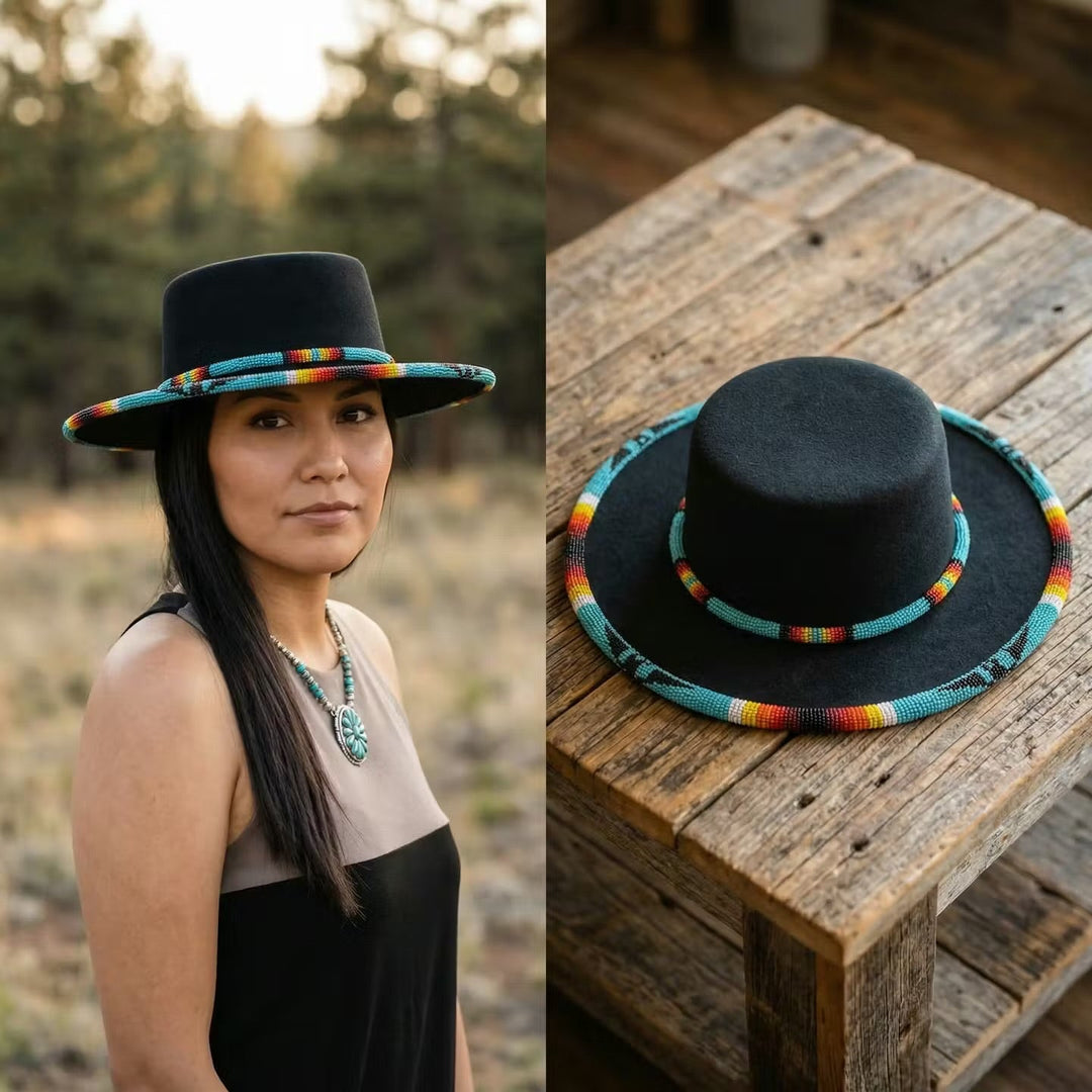 Size-61 Beaded Flat-Brim Felt Hats