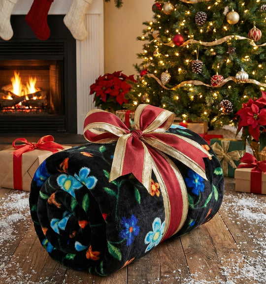 Anishinaabe Enchantment" black Floral Plush Throw Blanket