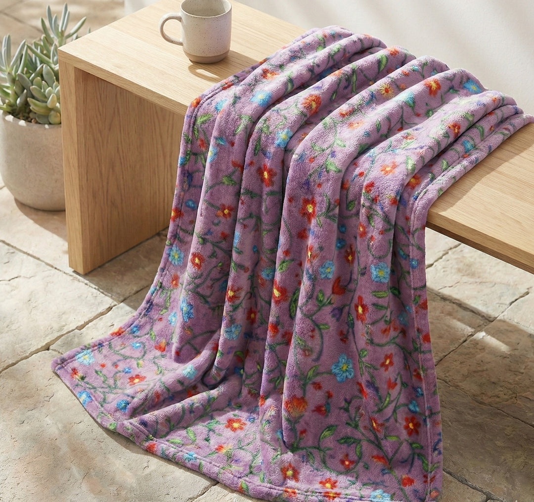 Anishinaabe Enchantment" Purple Floral Plush Throw Blanket