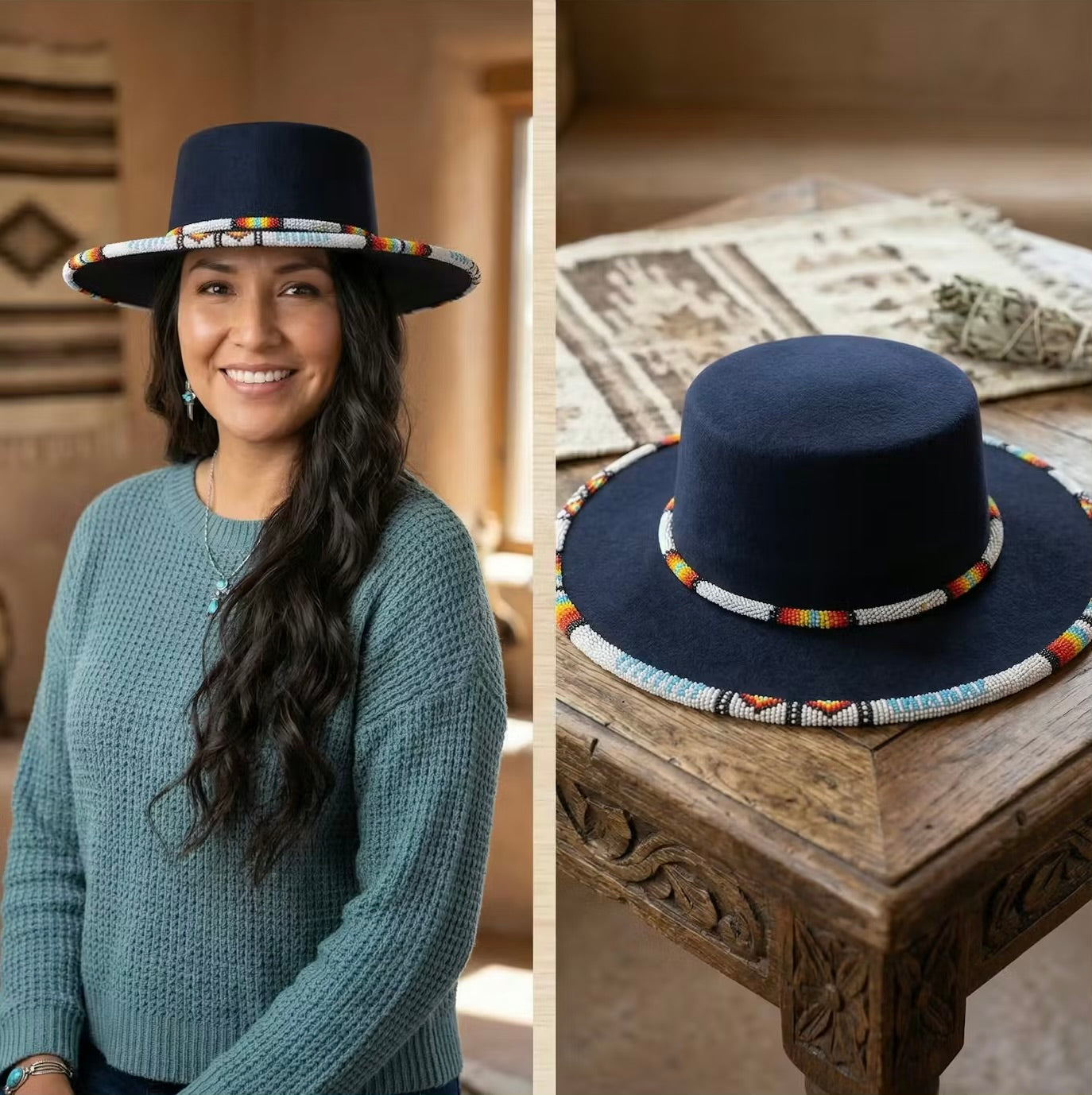 OLDTRIBES Size-60 Beaded Flat-Brim Felt Hats