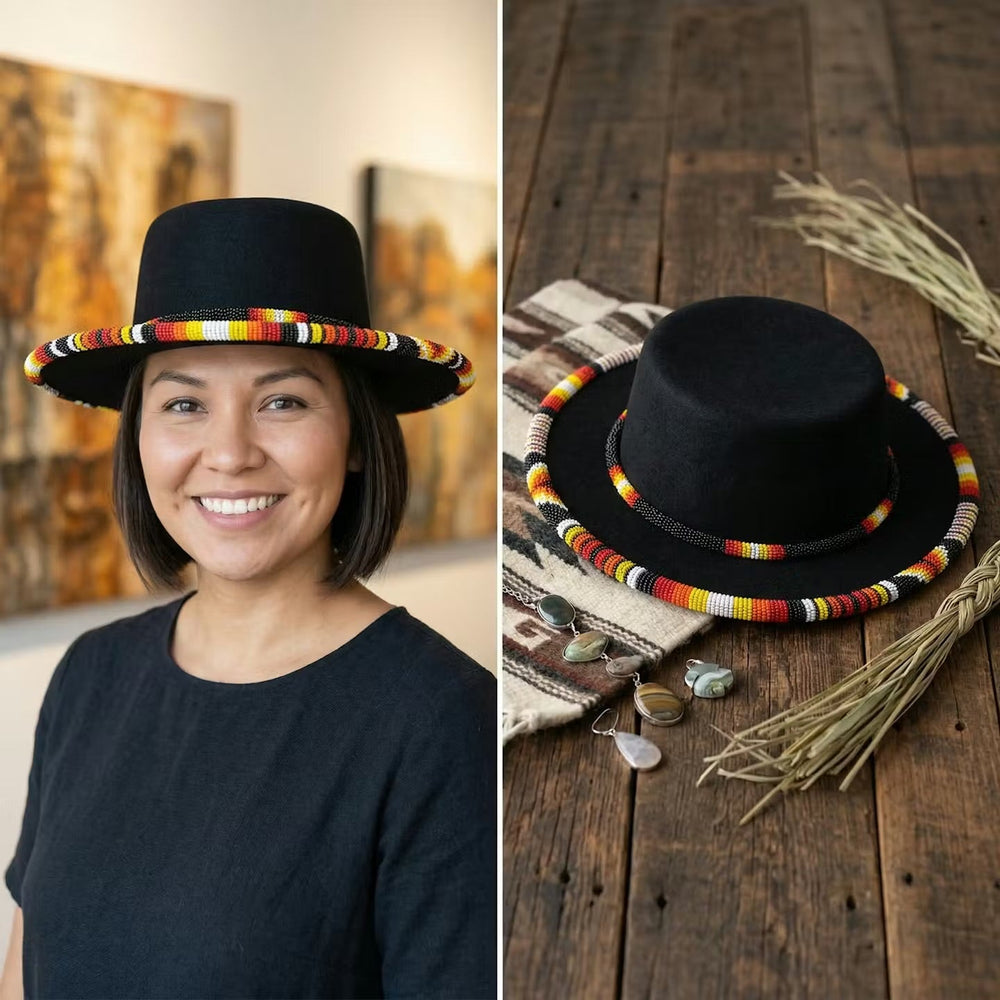 Size-61 Beaded Flat-Brim Felt Hats