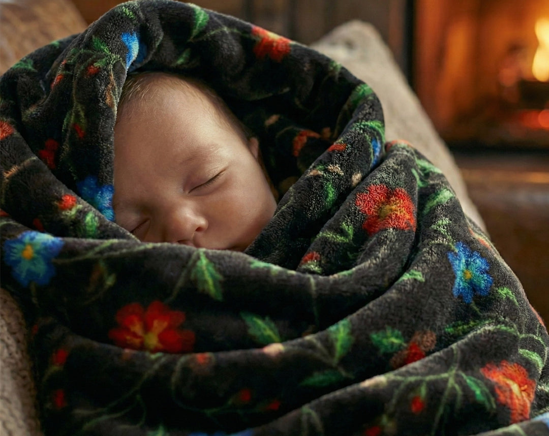 Anishinaabe Enchantment" black Floral Plush Throw Blanket