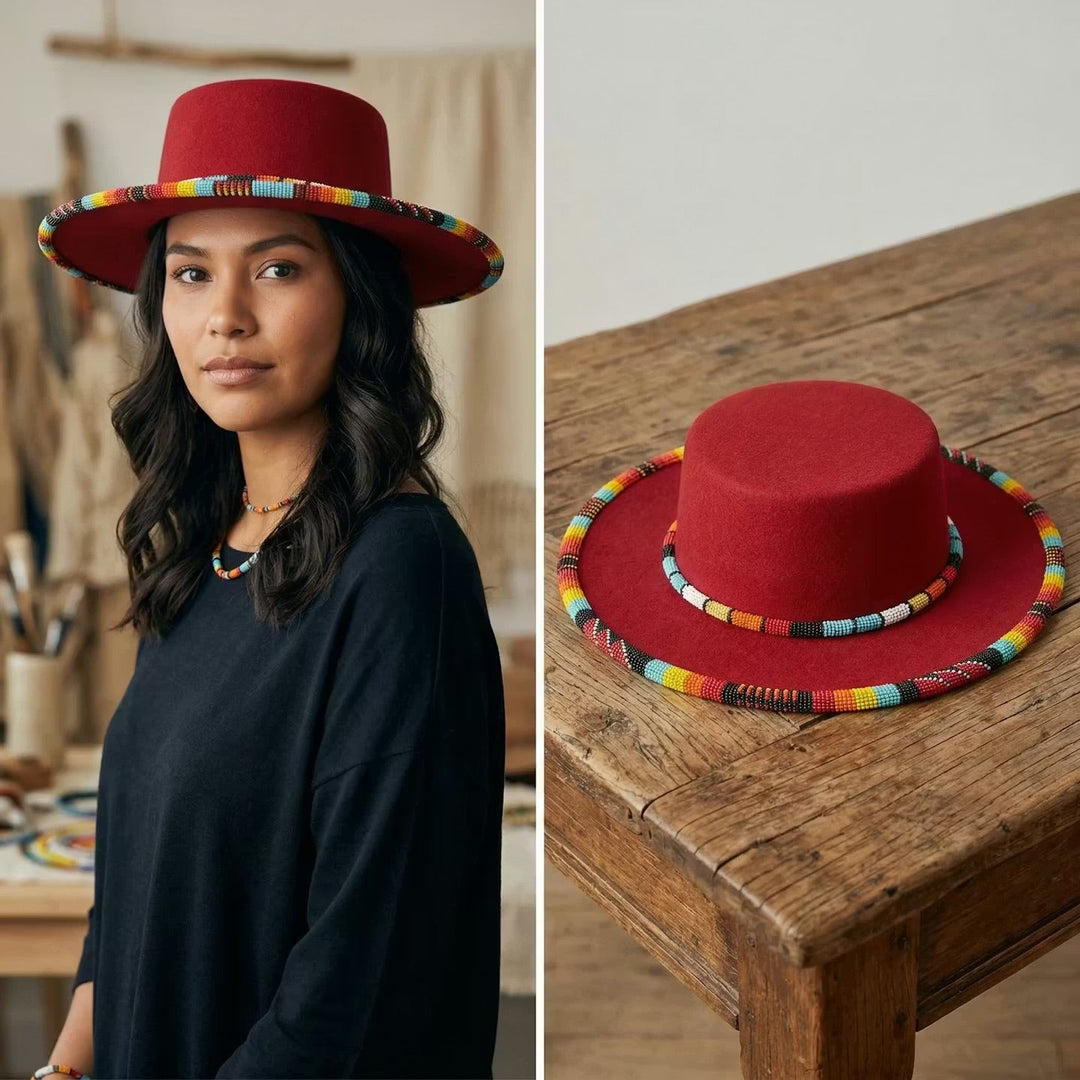 Size-61 Beaded Flat-Brim Felt Hats