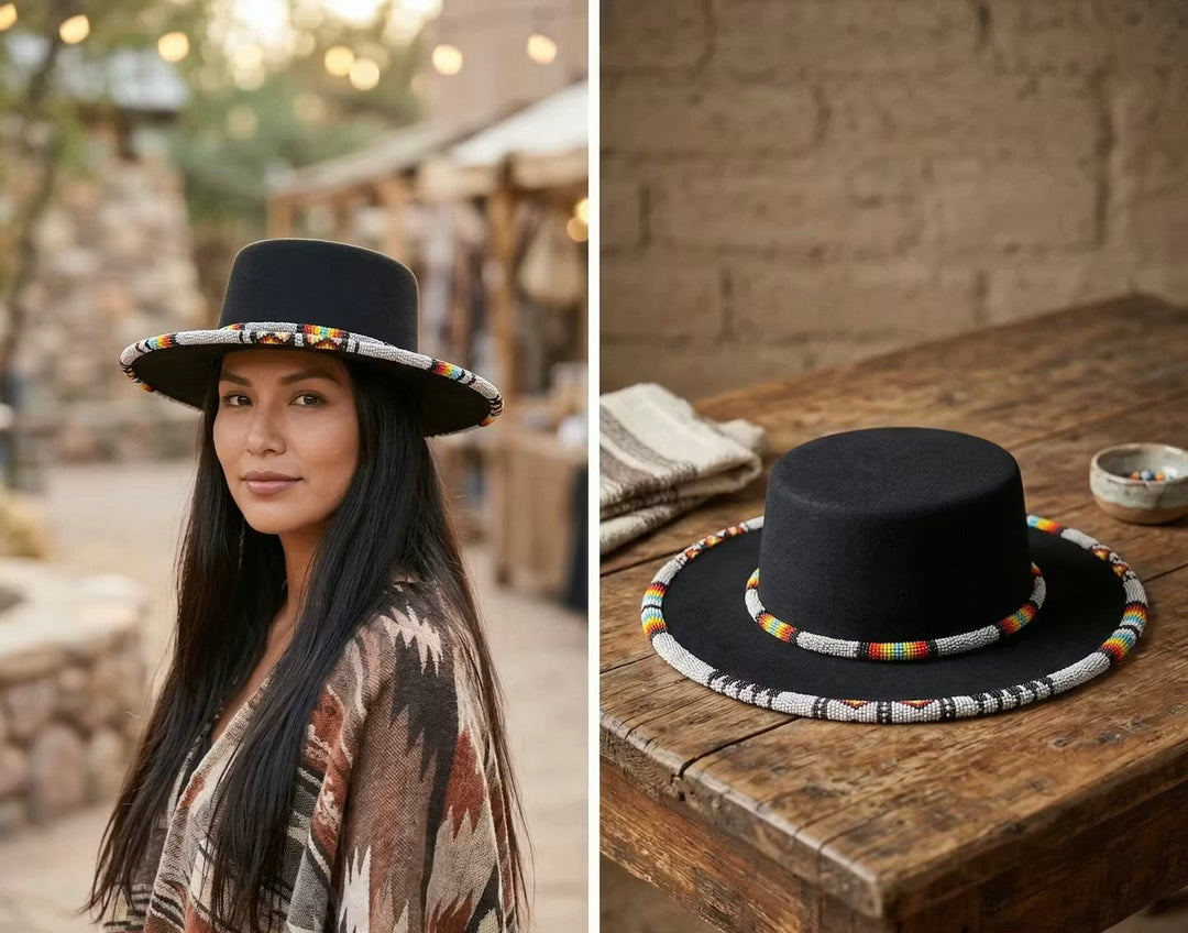 Size-61 Beaded Flat-Brim Felt Hats