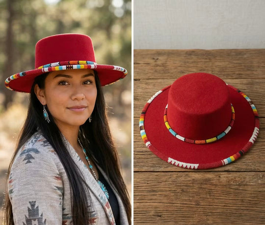 Size-60 Beaded Flat-Brim Felt Hats