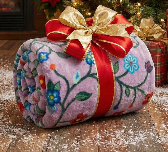 Anishinaabe Enchantment" Purple Floral Plush Throw Blanket